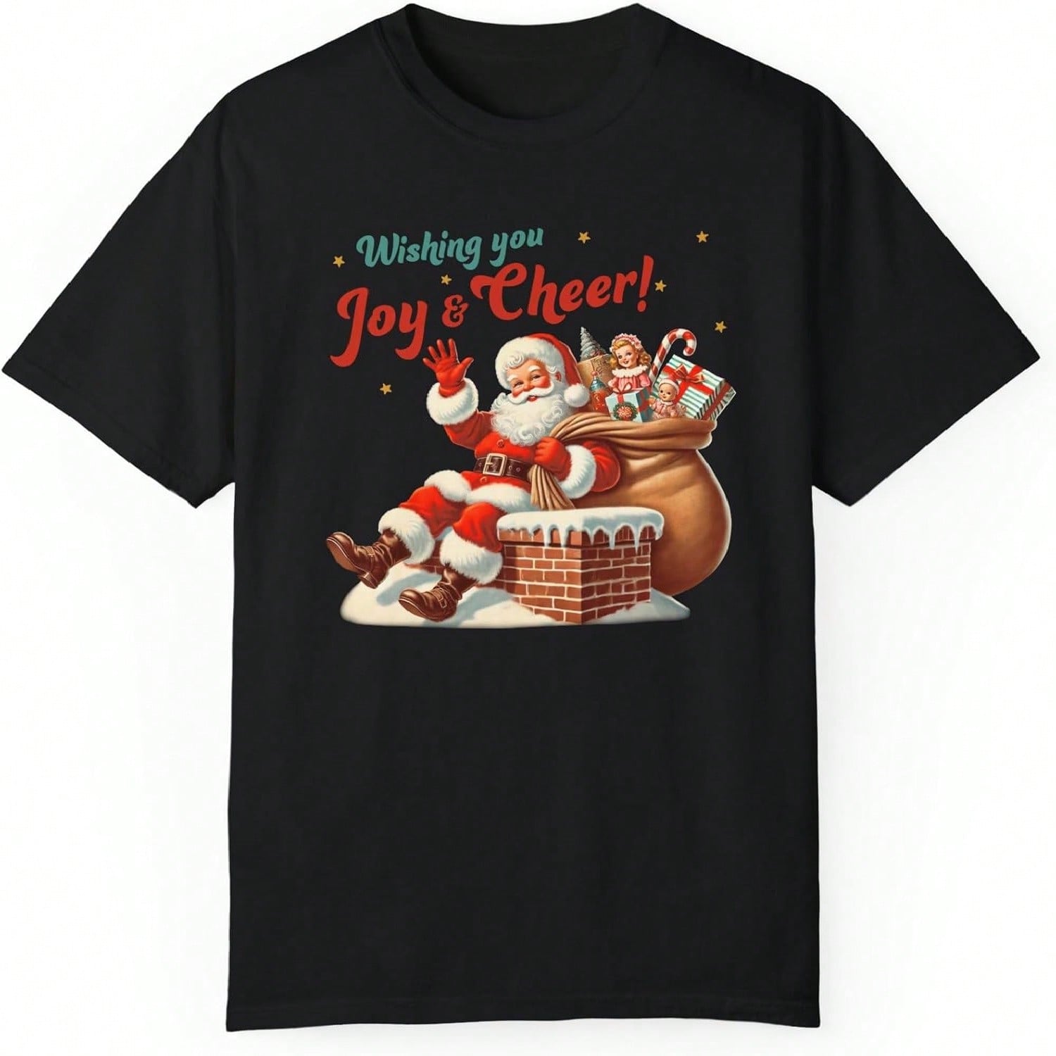 Joy And Cheer Santa Claus Carries Gifts Retro Unisex ? T-Shirt, Vintage Christmas Tee 2411-089 S разноцветный
