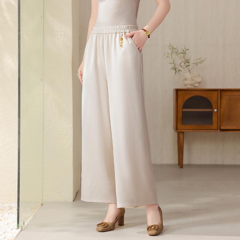 Elastic Waist Satin Jacquard Trousers for Middle-Aged Women 175 жемчужина белый