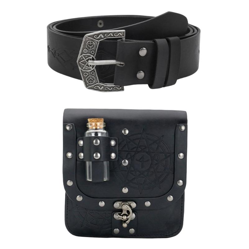 Set of 2pcs Medieval Style Alchemist Bottle Waist Pouch Belt Set For Role Playing Costume Accessories PU Leather