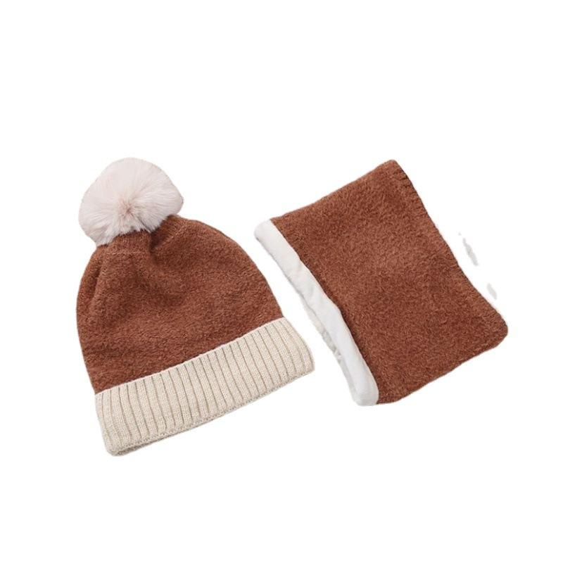 Autumn and Winter Women's Thickened and Velvet Versatile Wool Hat, Scarf, Two-piece Set, Casual Warm and Cold-proof Knitted Hat