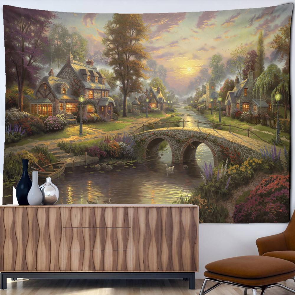 Christmas City Oil Painting Tapestry Wall Hanging Bohemian Hippie Tapez Christmas Festival Art Bedroom Living Room Home Decor