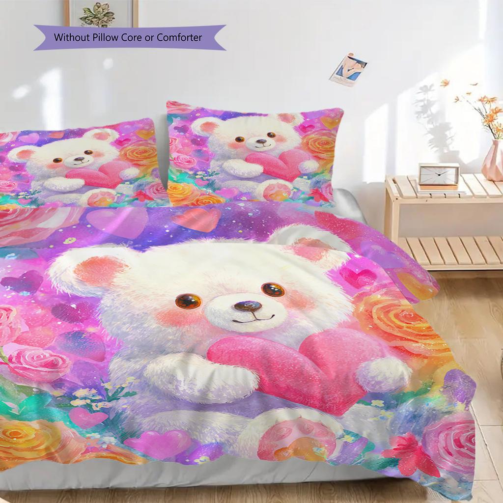 Bear Doll Pattern Bedding Quilt Set Quilt Cover Pillowcase Home Decoration Birthday Gift (1 * duvet cover + 2 * pillowcase, without core)