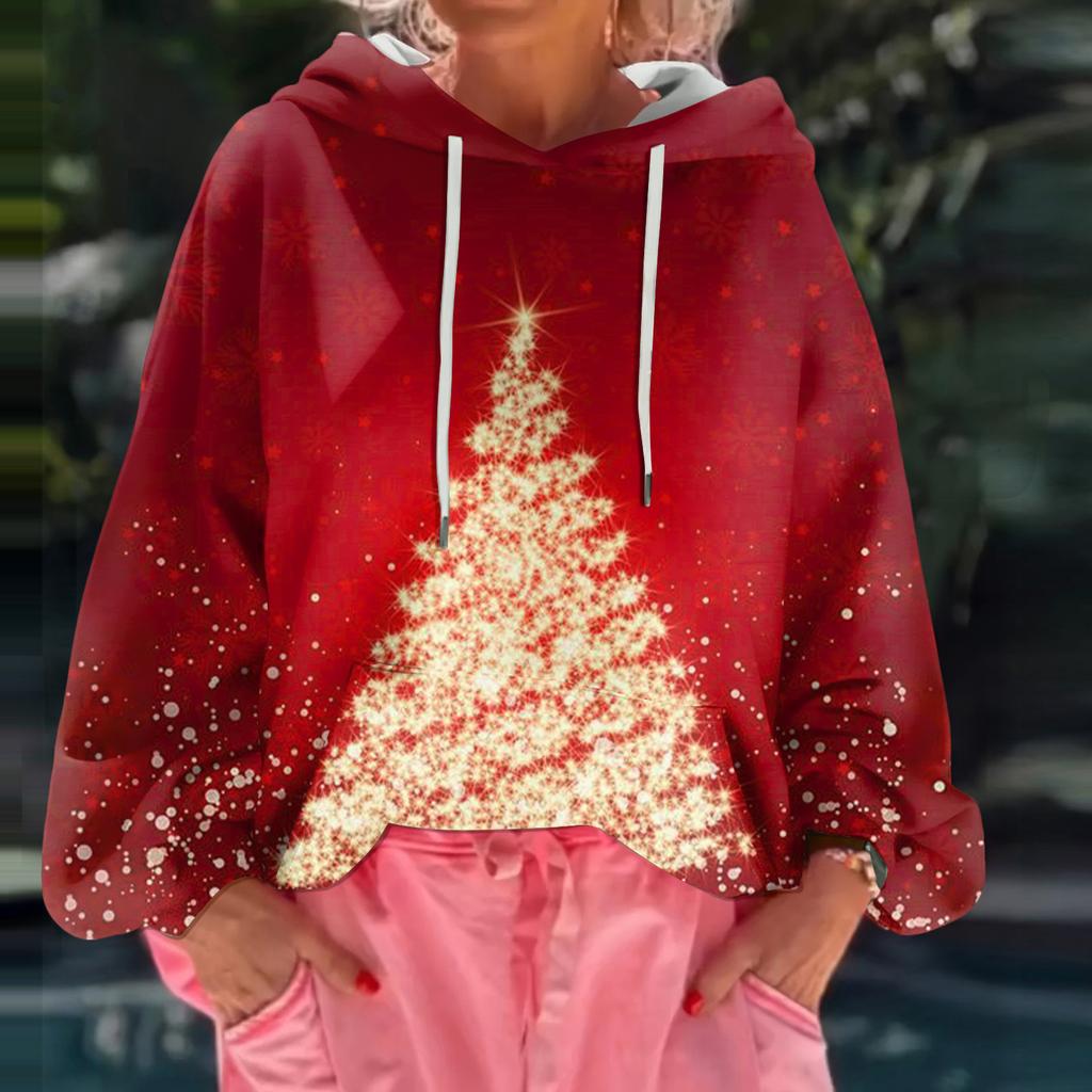 Dámská vánoční potištěná volná ležérní mikina s dlouhým rukávem a kapucí