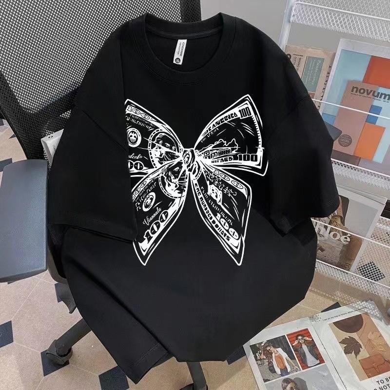 Summer Fashion Trendy Bow Printing Round Neck T-shirt Short Sleeve Large Size Universal Top for Men and Women