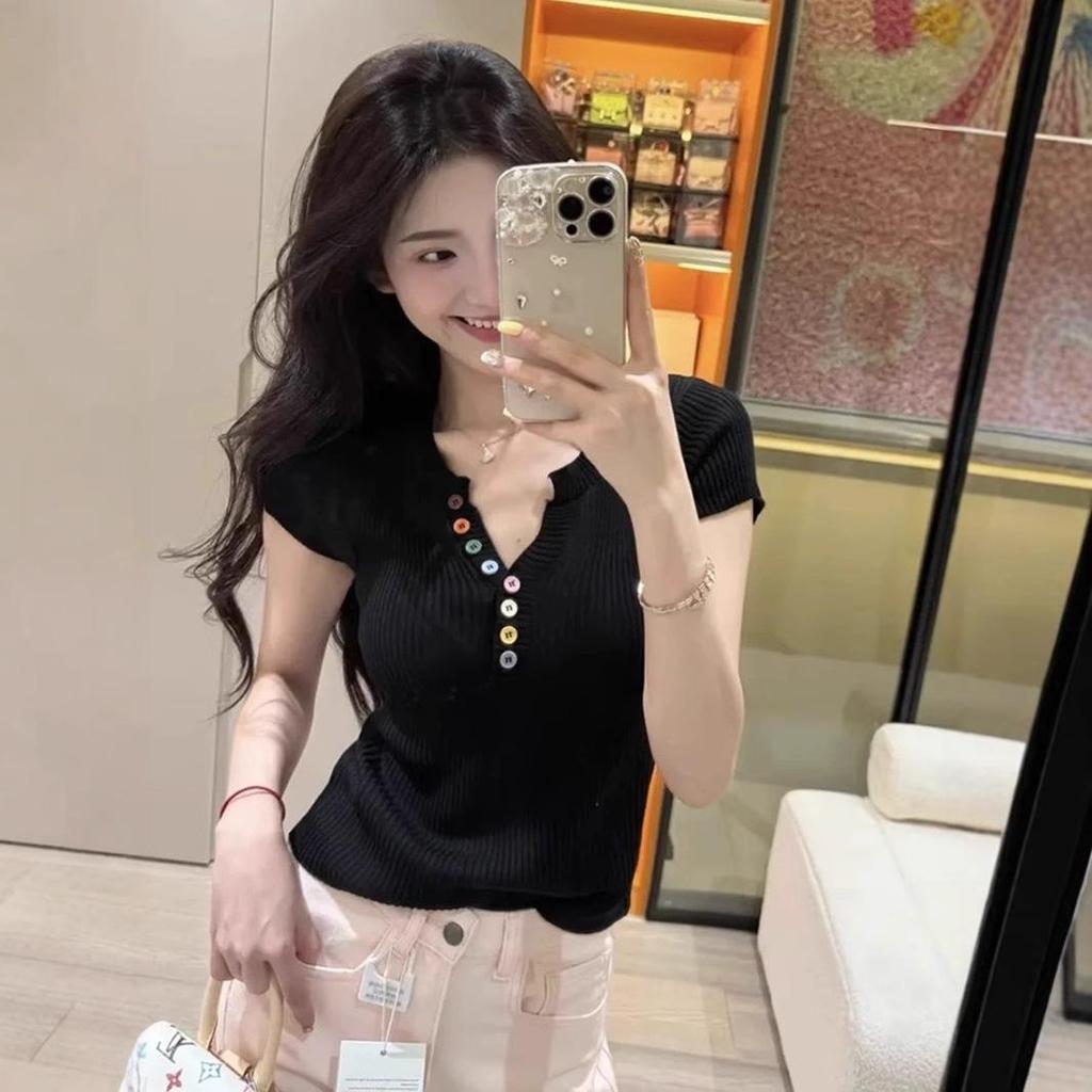 Korean-Inspired Colorful Button V-neck Knitted Top - 2025 Summer Chic Slimming Fashion for Women