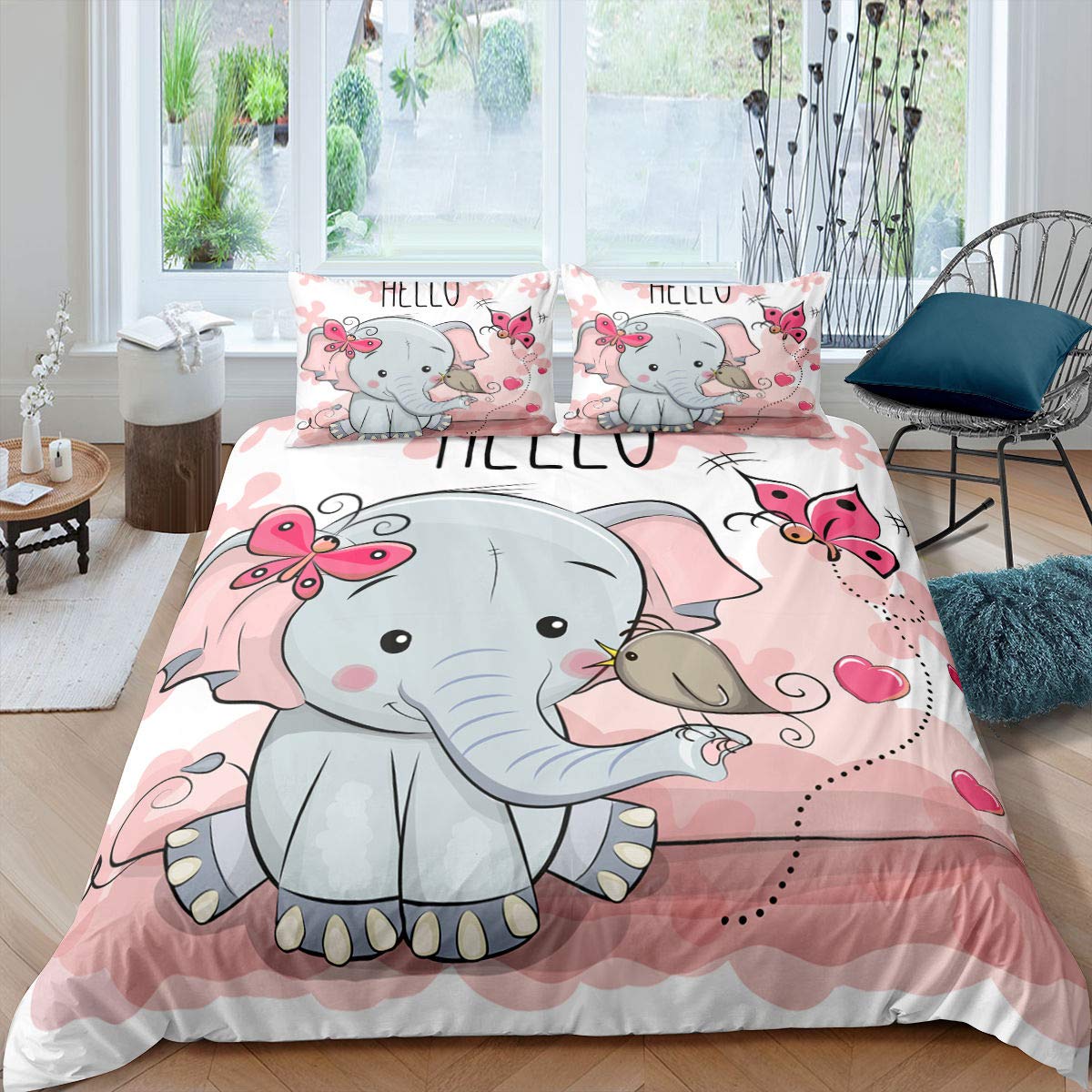 

Kids Elephant Bedding Set King/Queen Size Cartoon Cute Animal Duvet Cover for Girls Boys Lovely Wildlife Polyester Quilt Cover 140x200cm 3pcs