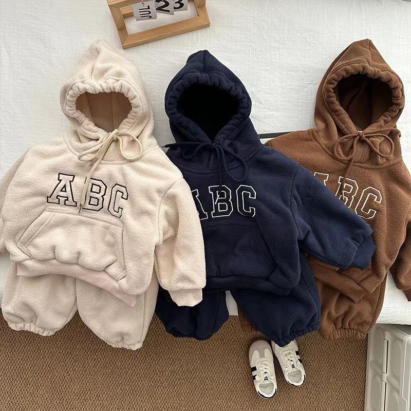 Herbst Winter Kinder Trainingsanzug Junge Baby Fleece Dicke Kapuzenpullover Set Mädchen Kinder Plus Samt Warme Oberteile+Hose 2tlg. Kinder Sweatshirt Anzug