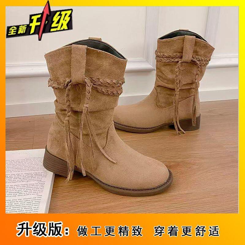 Fashion But Knee Skinny Pile Medium Boots Fall/Winter 2025 Vintage Round Heel Women's Martin Boots