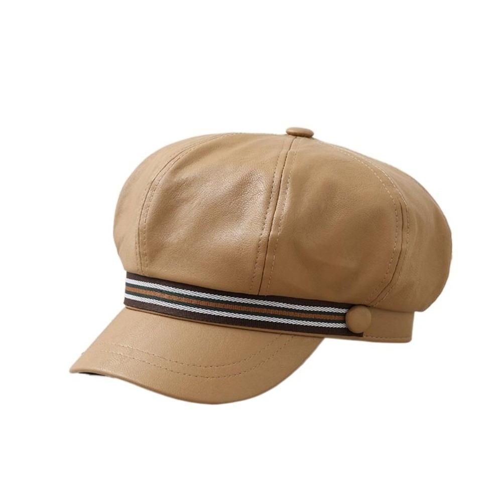 Windproof Octagonal Hat Warm Painter Hat Personality Pu Leather Beret  Autumn