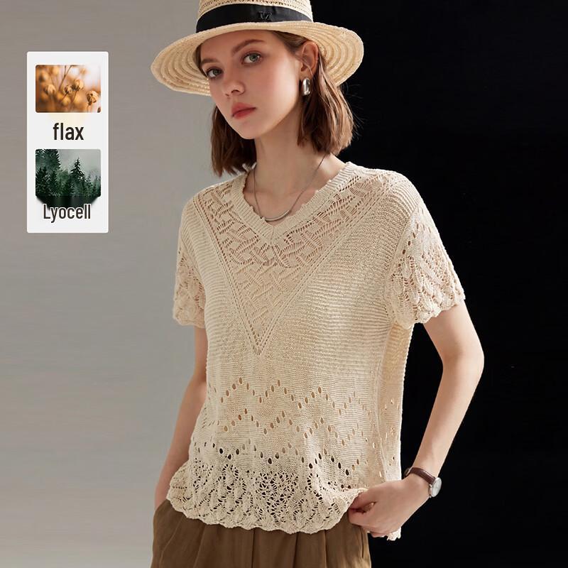 Wudao Old Money Style Tencel Linen Blend Crochet T-Shirt L
