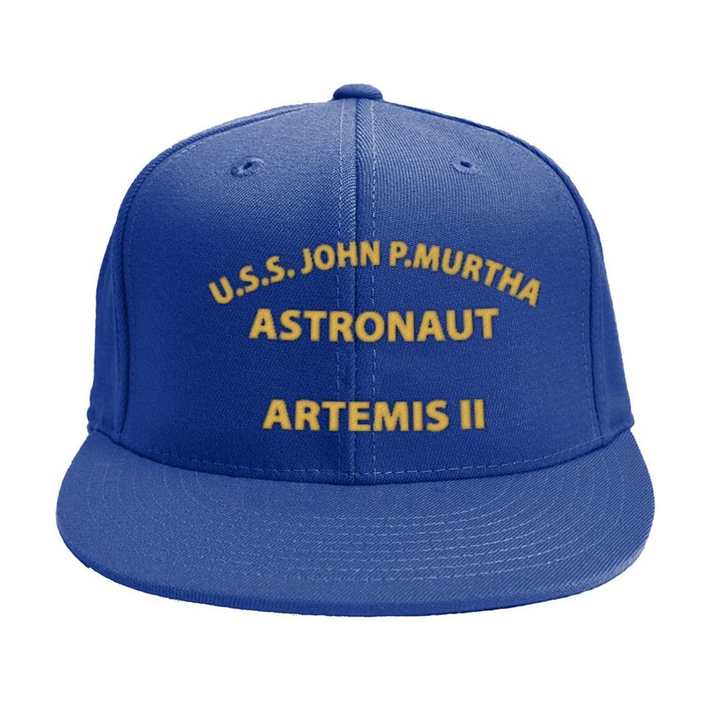 Unisex Embroidered Flat Brim Cap with U S S John P Murtha Astronaut Artemis II Text Adjustable Snapback Hat for Daily Wear