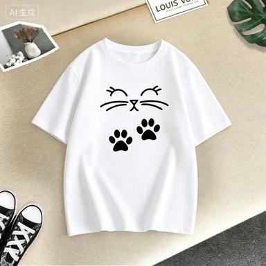 Summer New Cute Cat Animal Print Round Neck Short Sleeved Tee Shirt For Boys And Girls Fashionable And Simple Childrens Tshirt