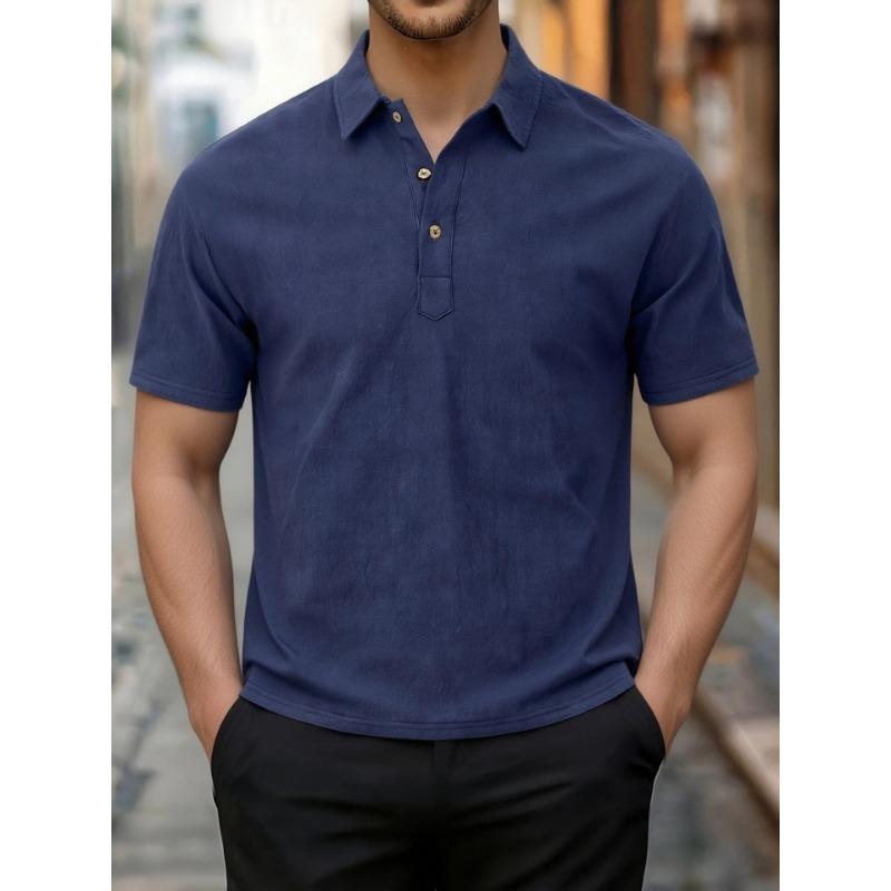 Men Solid Linen Texture Lapel 3 Button Half Placket Short Sleeve Polo Shirt Multiple Colors