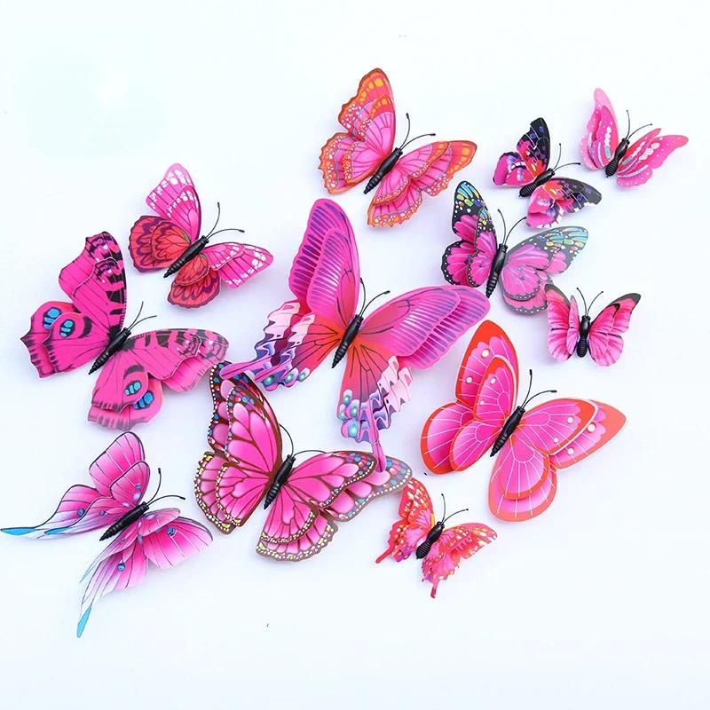 12PCs Fridge Magnets Butterfly Vibrant Color Double-layered Butterfly Wall Stickers Art Deco Crafts For Home Party Decorations
