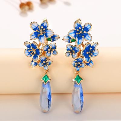 Huitan Aesthetic Blue Flower Enamel Earrings for Women Luxury Trendy Gold Color Wedding Party Romantic Lady Earrings New Jewelry