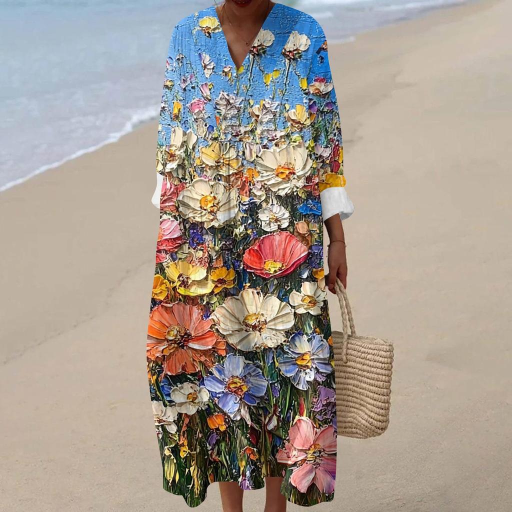 Dámské ležérní módní maxi šaty s výstřihem do V a dlouhým rukávem s květinovým potiskem