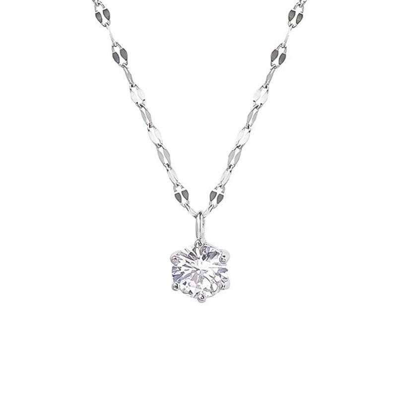 Sterling Silver Zirconia Solitaire Necklace: Six-Prong Light Luxury Clavicle Chain, High-End Niche Design.