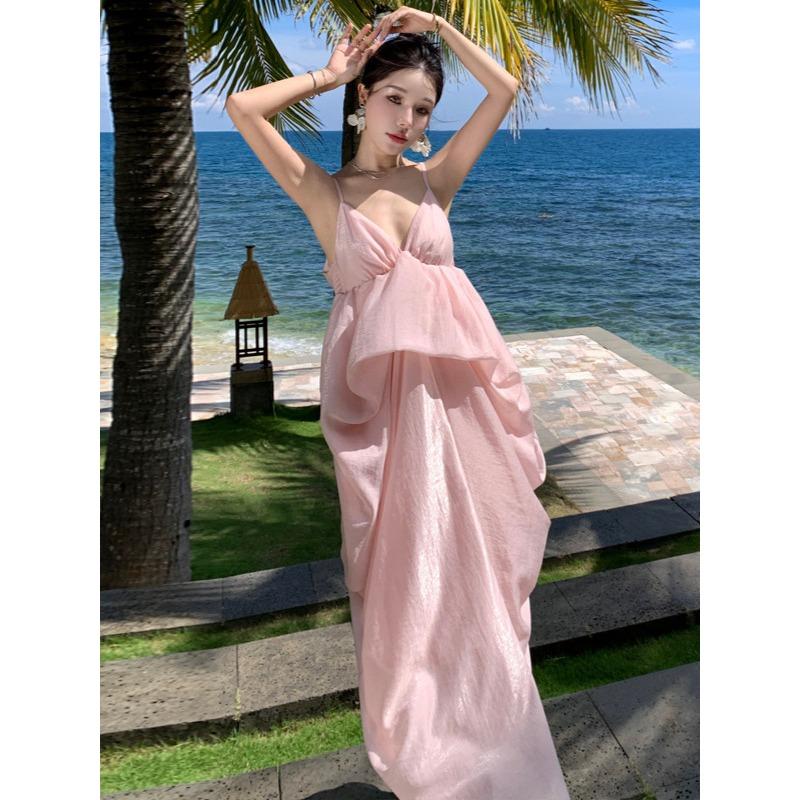 French Suspender Skirt Fairy Vacation Wear Skirt Seaside Halter Dress Pink High-end Dress Dress Women