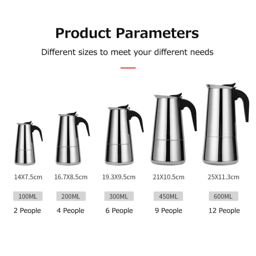 Coffee Pot, Stainless Steel Electric Mocha Coffee Maker with Filter, European Style Coffee Cup, Silver, 600ml