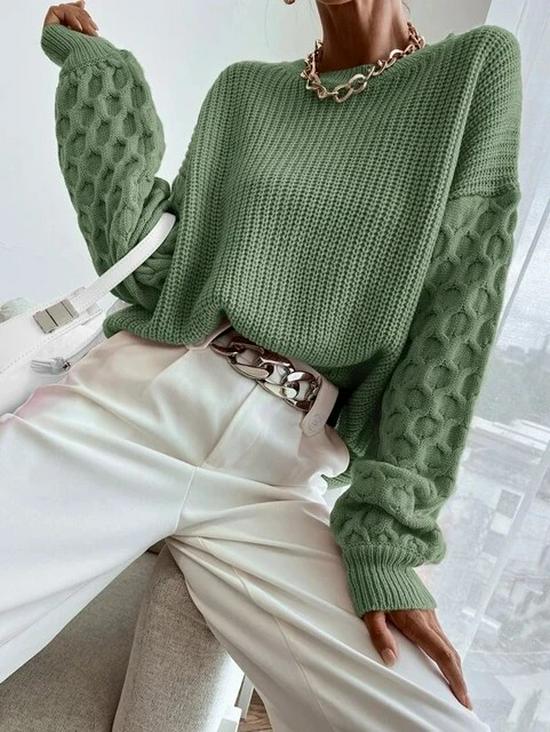 Spring Red Knitted Cotton Pullover Sweater - Women's Round Neck Solid Color Fashion