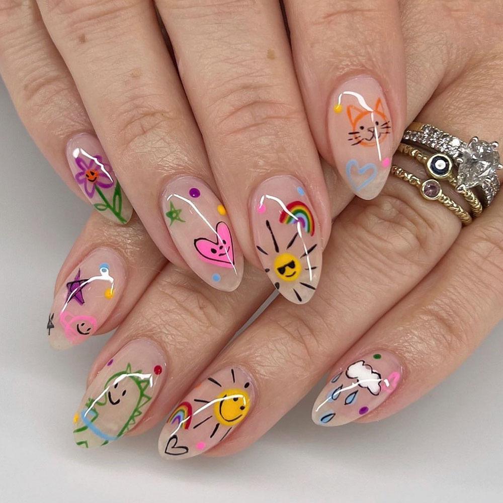 Cute Cartoon Graffiti Nail Stickers - No Curling Edge, Colorful DIY Decorations for Girls