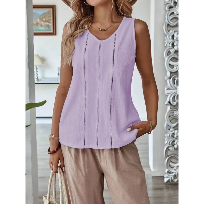 

Lace and Hollow-out Sleeveless Vest Top Lace Cutout Sleeveless Vest T-shirt Light purple M