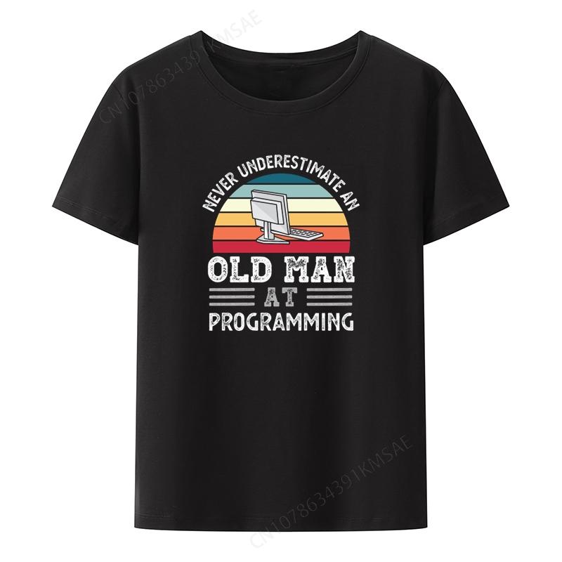 Old Man At Programming Picture Print Tshirt Funny Tee Humor Womens Clothing Trend Tshirts Slim Leisure Novelty Blouse Vintage