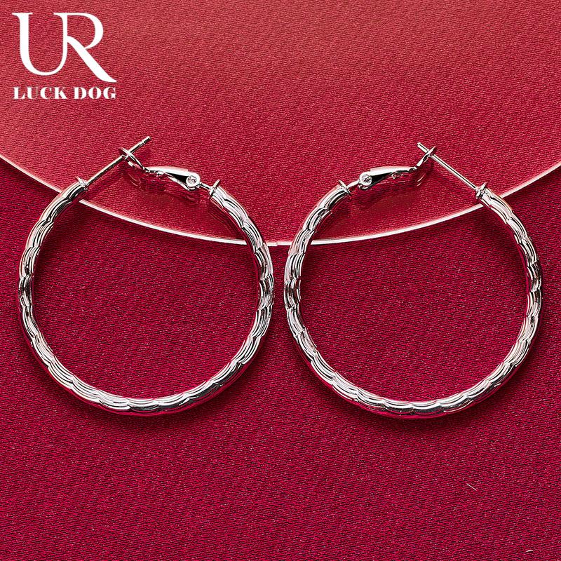 925 Sterling Silver Patterned Round 40mm Earrings for Fashionable Wedding Jewelry