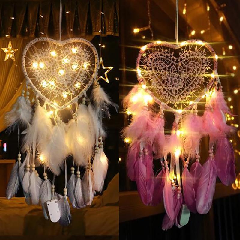 Fancy Dream Catcher With Led Light String Hollow Hoop Heart Shape Pendant Home