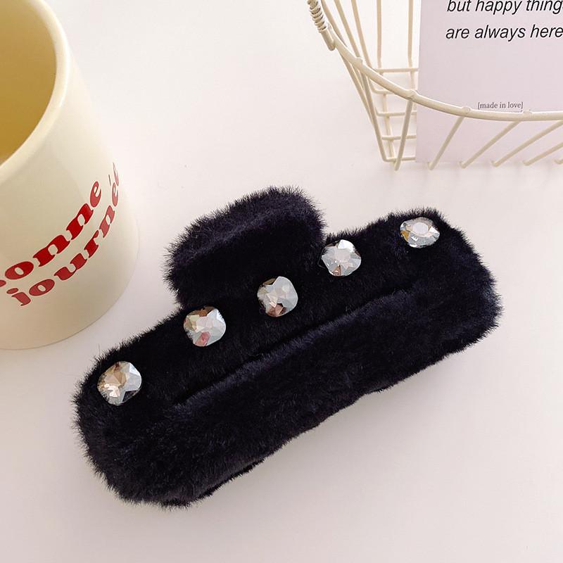Chic Korean Style Soft Plush Hair Claw Clip With Sparkling Rhinestones For Women
