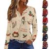 Women's Casual Christmas Print V-Neck Long Sleeve T-Shirt with Decorative Buttons