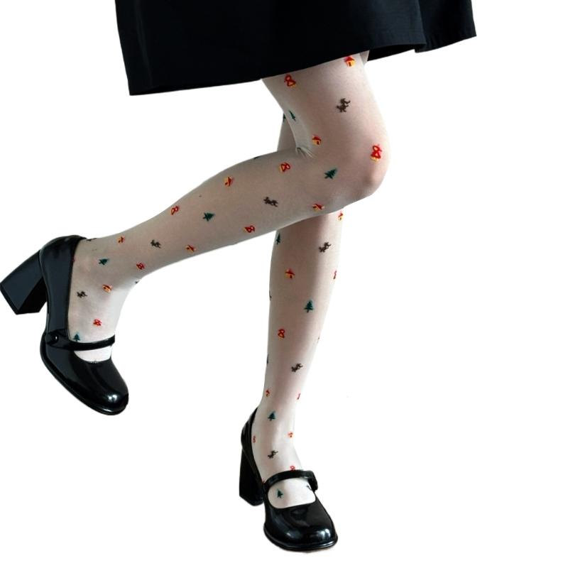 Women Christmas Doll House Patterned Silk  Footed Tights Stockings Japanese JK Girl Thin Pantyhose Leggings Hosiery