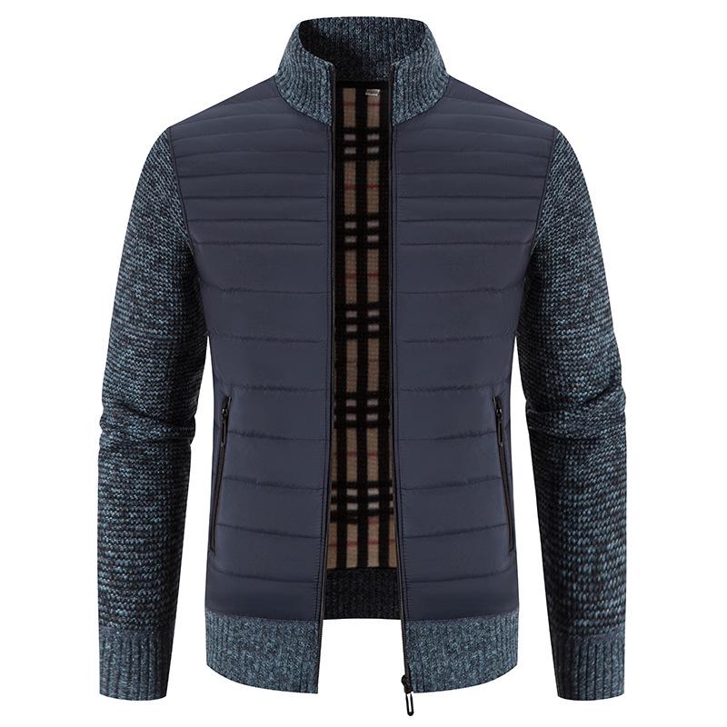 Men's Plus Size Color Block Stand Collar Velvet Cardigan Sweater - Warm, Thickened Knitted Outerwear for Autumn and Winter.