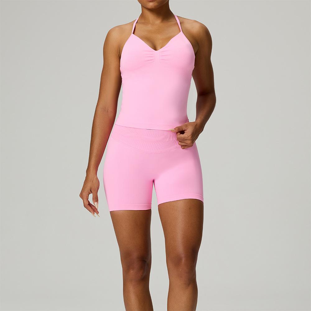 Aiba Soft Neck Yoga Vest Running Fitness Sports Underwear High Elastic Three-Point Shorts Yoga Set XS
