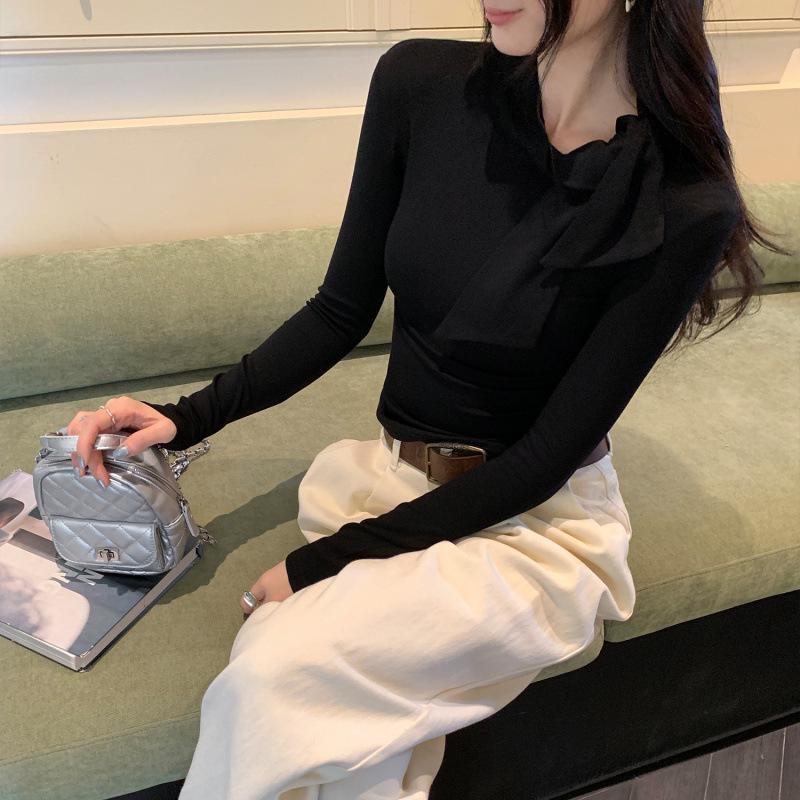 Women s Autumn/Winter French Bow Ribbon Turtleneck Tee – Unique Niche Design Large чёрный