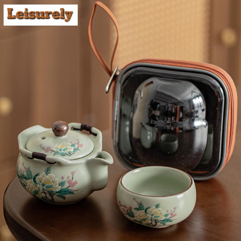 Pea Green Ru Kiln Porcelain Tea Set Kit Vintage 1 Pot 1 Cup Portable Travel Tea Maker Hibiscus Designer Outdoor Handbag Craft