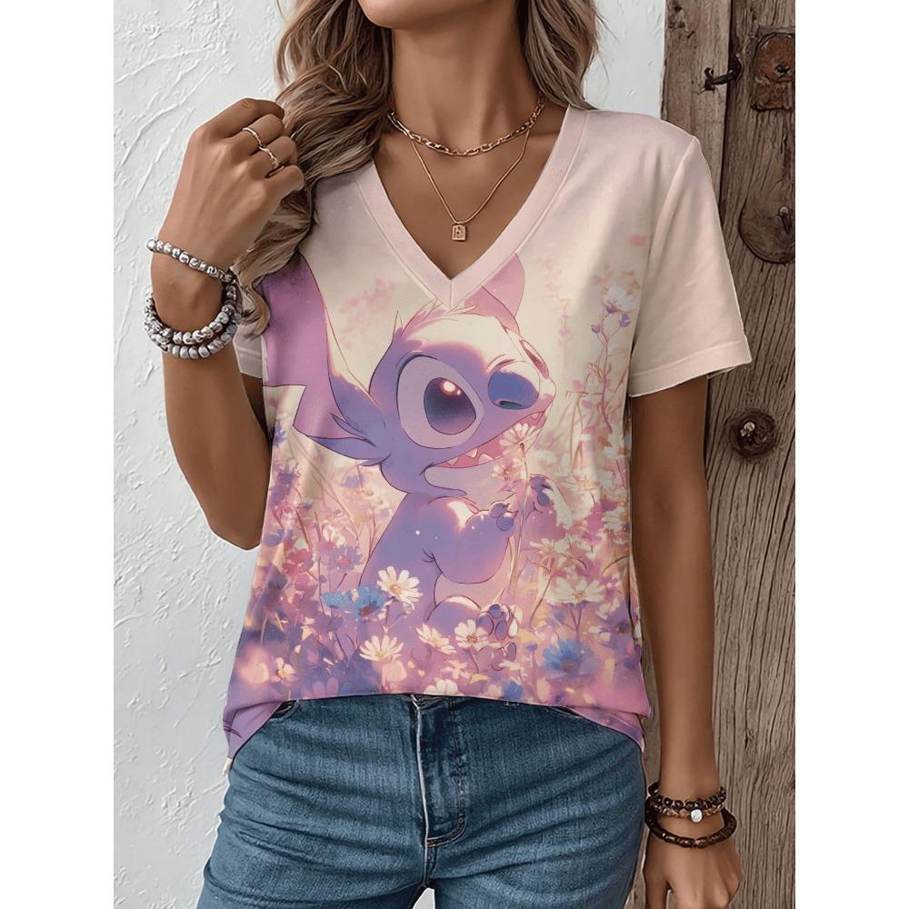 Multi pattern V-neck short sleeved T-shirt, fashionable women's T-shirt, printed basic top, street wear, summer oversized clothing, women's T-shirt