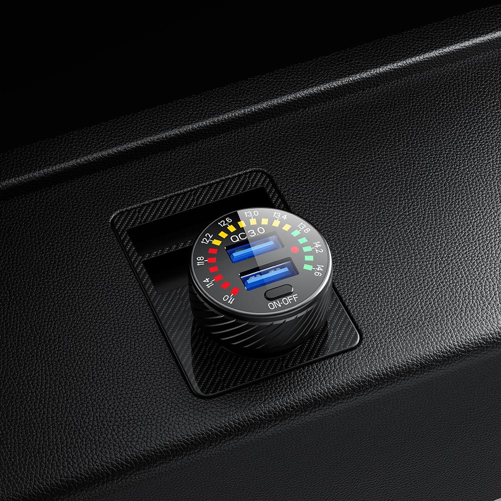 12/24V Dual USB Car Charger QC 3.0 Waterproof 18W Fast Charging Marquee Light LED Voltmeter ON OFF Switch Car-charger Adapter