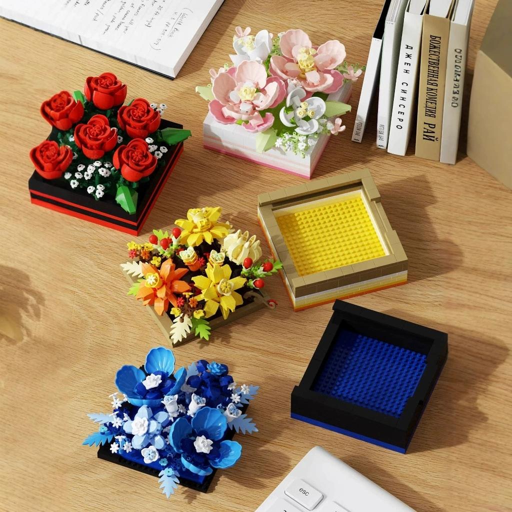 DIY 3D Famous Rose Hibiscus Eternal Immortal Flowers Painting Frame Art Easel Exhibition Building Blocks Model Bricks Sets Toy