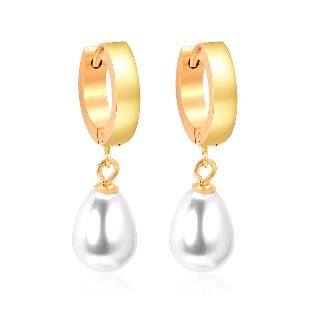 Fashionable Stainless Steel Pearl Pendant Hoop Earrings Elegant Sweet Wedding Jewelry for Girls Waterproof Studs for The Beach