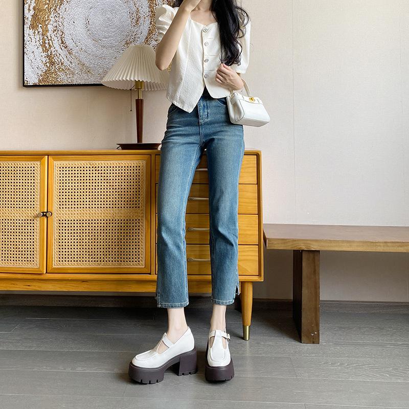 12Cm height increase small size thick heel retro Mary Jane small leather shoes women's shoes new white loafers