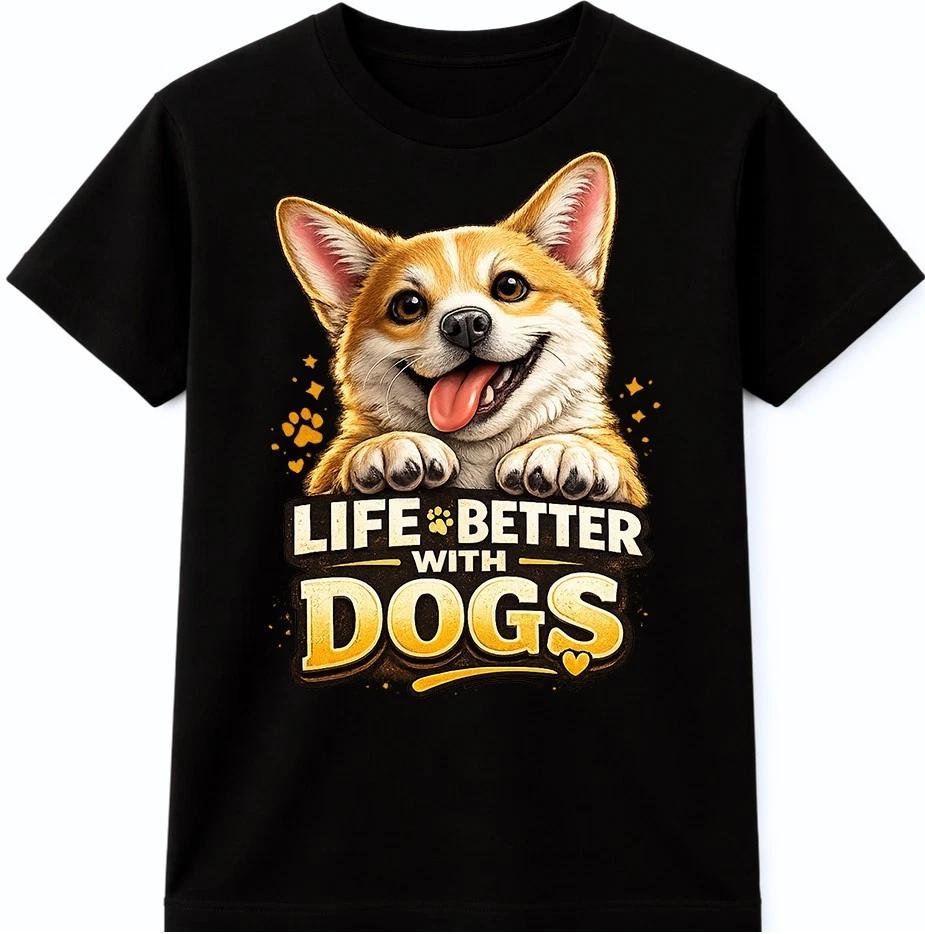 Dog Lover T-Shir Life Is Better With Dogs Corgi Graphic Cute Smiling Quote Tee M