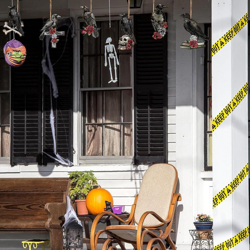 12pcs Wooden Crow Pendants Halloween Party Decoration Black Crow Hanging Wood Sign Ghost Festival Skull Crow Hanging Ornaments