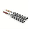 Wood Handle Stainless Steel Barbecue Grill Nonstick Hot Dog Sausage Grill Meat Clip BBQ Grilling Baske Outdoor Picnic Tool