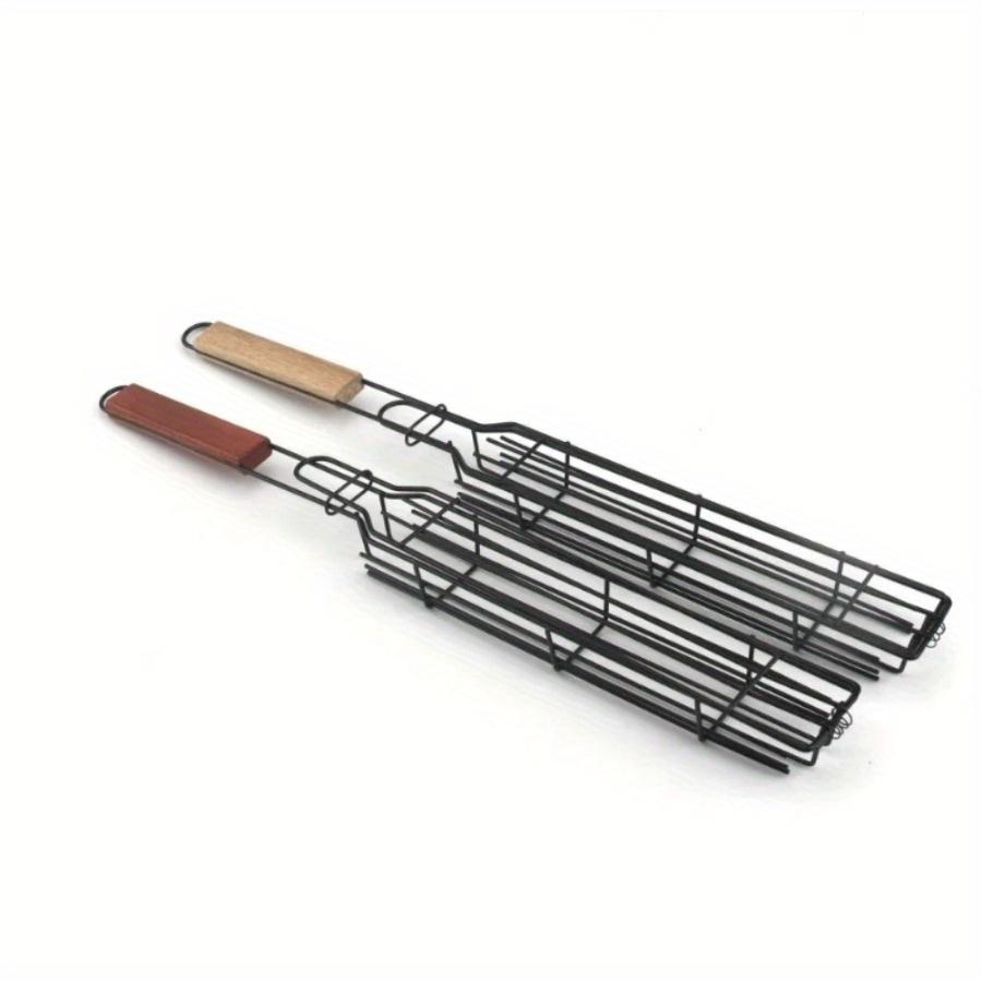 Wood Handle Stainless Steel Barbecue Grill Nonstick Hot Dog Sausage Grill Meat Clip BBQ Grilling Baske Outdoor Picnic Tool