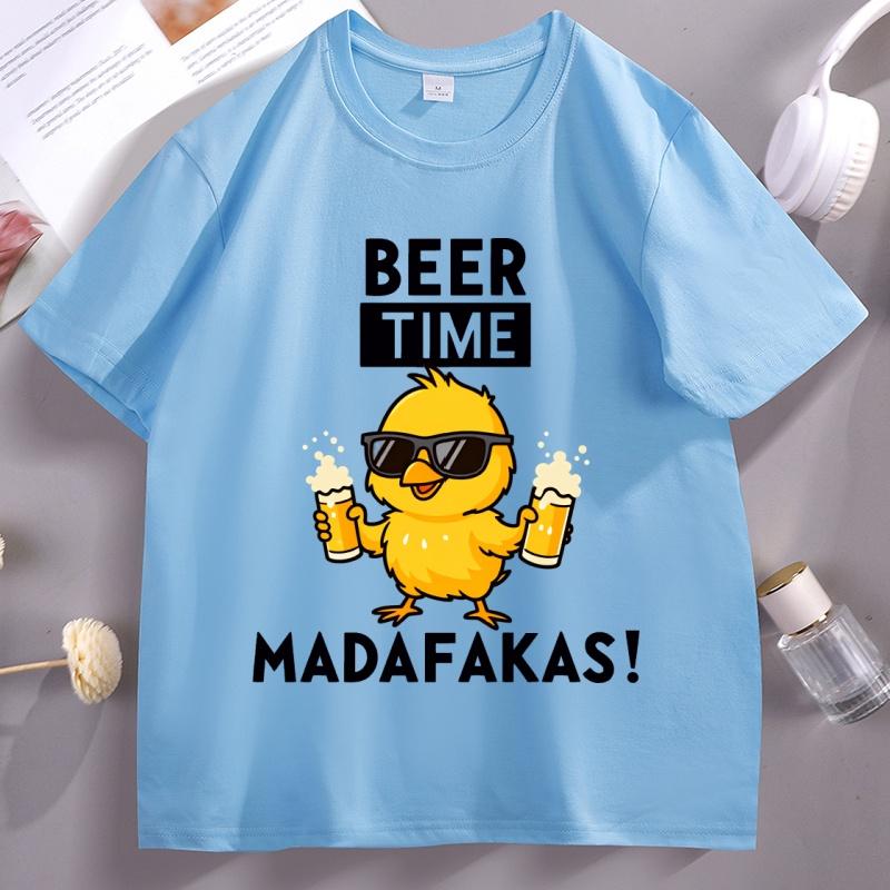 Beer Time Madafakas Tshirts Fun Chick Mascot Holding Two Beers TShirts Party Decor Tshirt Unisex Women Summer Drink Tees Clothes