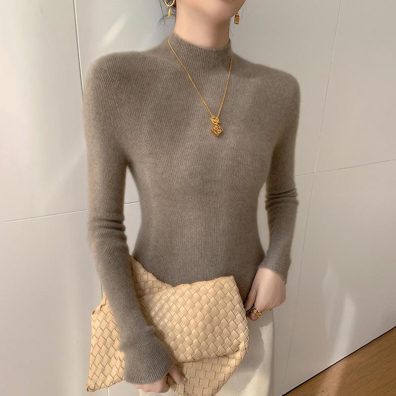 New Women's Slim Fit Cashmere Knit Half-High Neck Sweater for Autumn and Winter