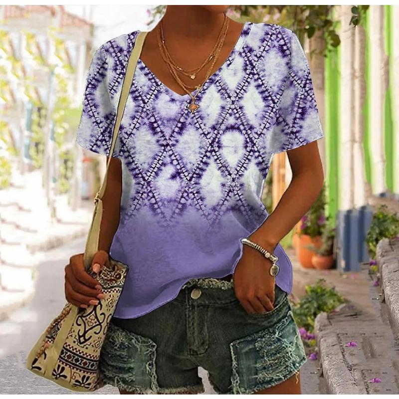 Retro Patchwork Damen T-Shirt Kariertes bedrucktes Top Damenbekleidung V-Ausschnitt Harajuku T-Shirt