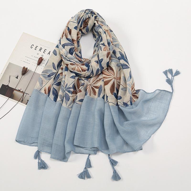 Spring and Autumn New Bali Yarn Tassel Retro Printed Geometric Scarf Versatile Fashion Travel Sunscreen Shawl Silk Scarf Women