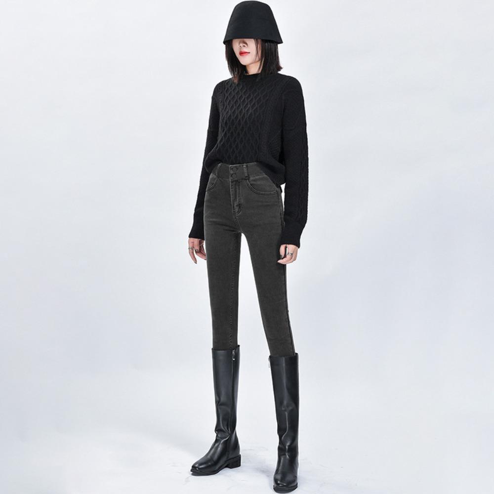 Autumn and Winter New Simple High-waisted Jeans Female Slim-fitting High and Thin Elastic Tight Small-footed Jeans Tide